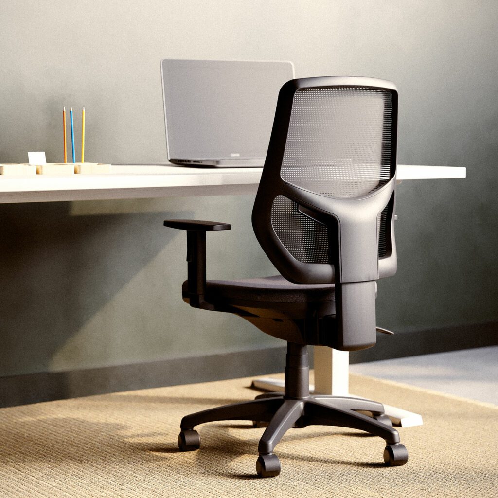 Ergonomic computer chair with black mesh back, rear view.