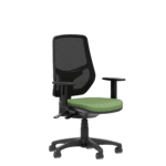 Ergonomic computer chair with black mesh backrest and green seat.