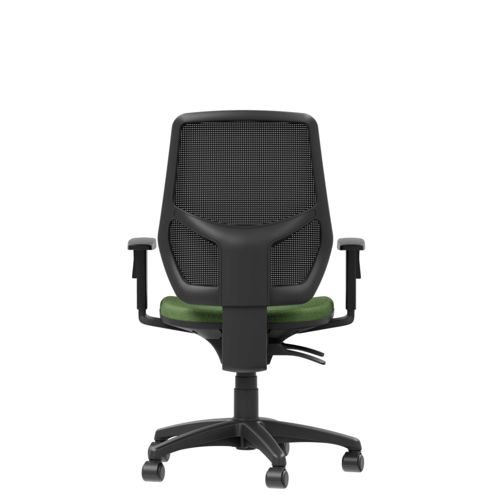 Ergonomic computer chair with black mesh back and green seat, front view.