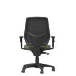 Ergonomic computer chair with black mesh back and green seat, front view.