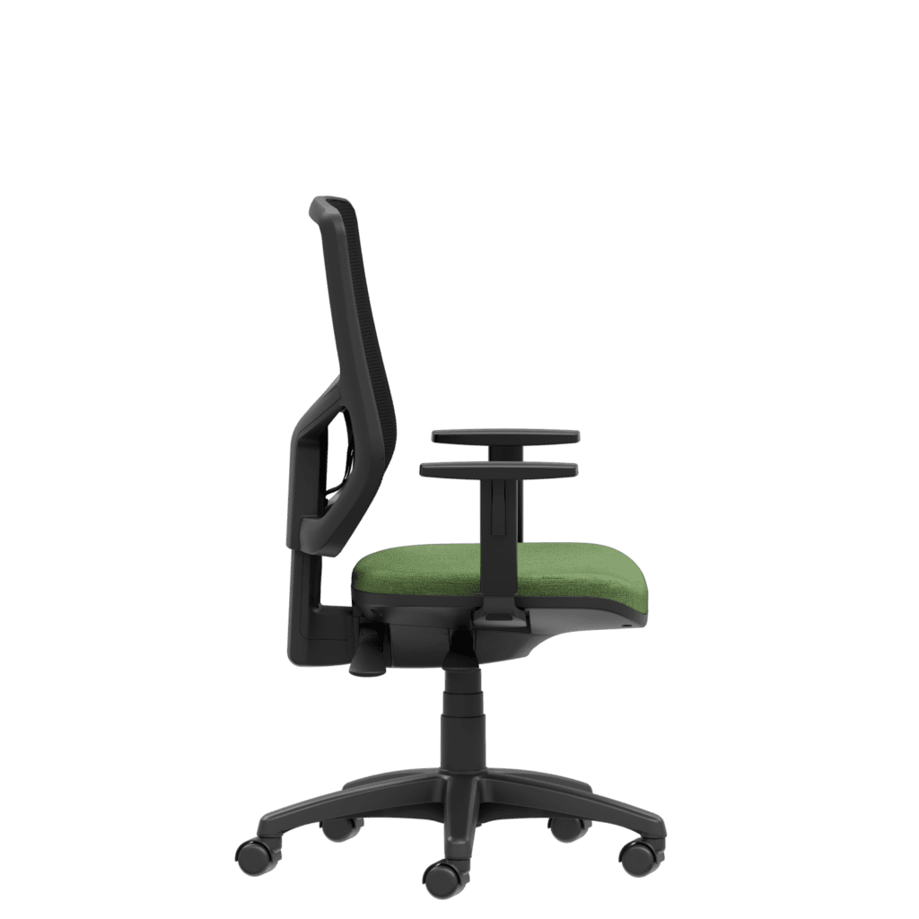 Side view of ergonomic computer chair with black mesh back and green seat.