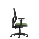 Side view of ergonomic computer chair with black mesh back and green seat.