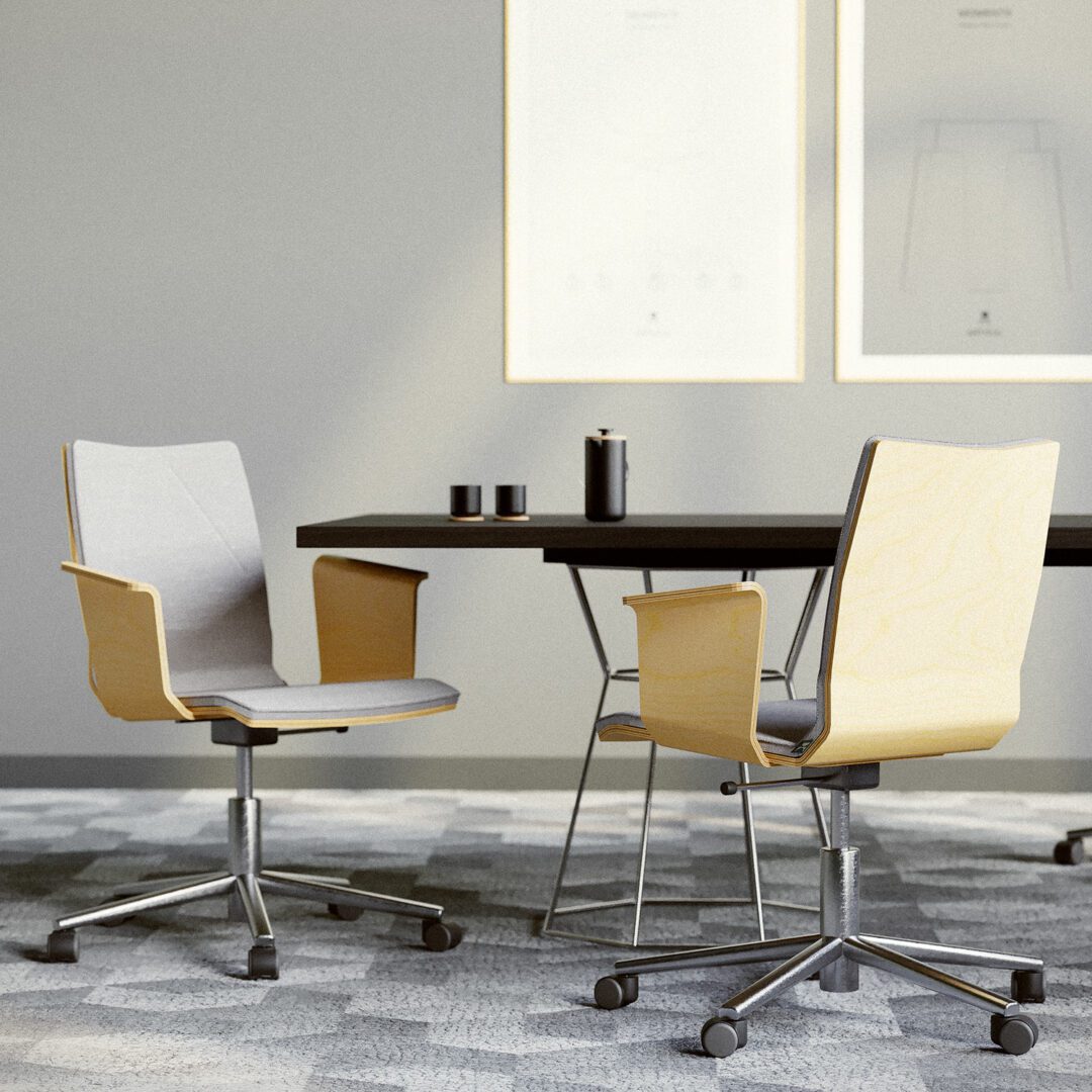 Conference chairs with light wood finish and gray upholstery, placed at the meeting table.