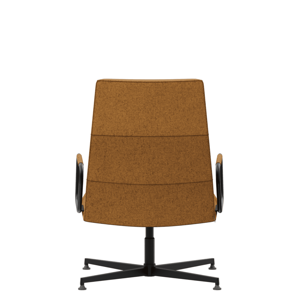 comfortable visitor chair with tan upholstery and black metal frame, rear view.