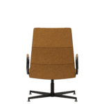 comfortable visitor chair with tan upholstery and black metal frame, rear view.