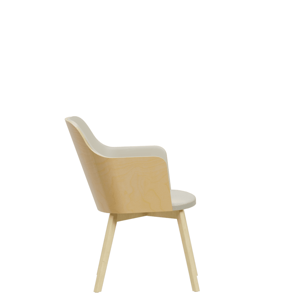 Side view of a stylish visitor chair with light upholstery and wood finish.