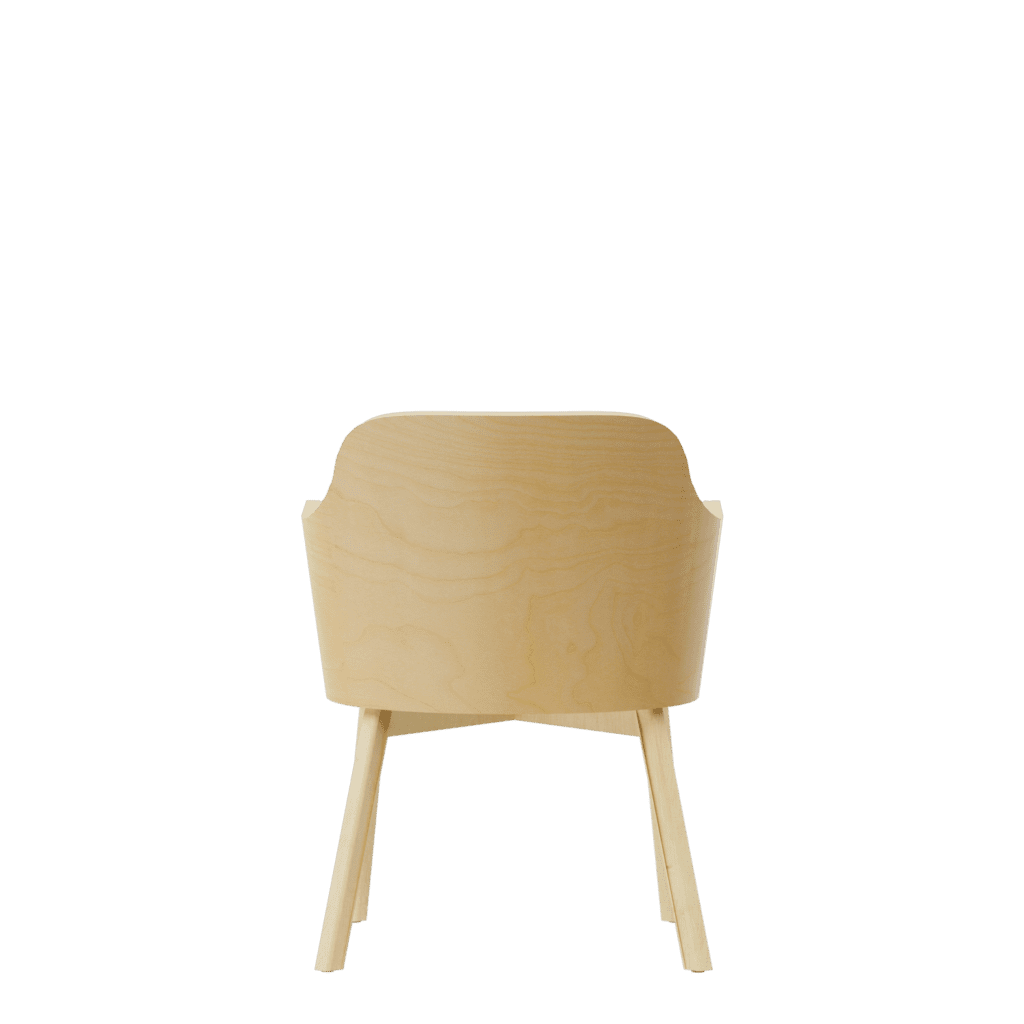 Back view of a stylish visitor chair with a light wood finish.