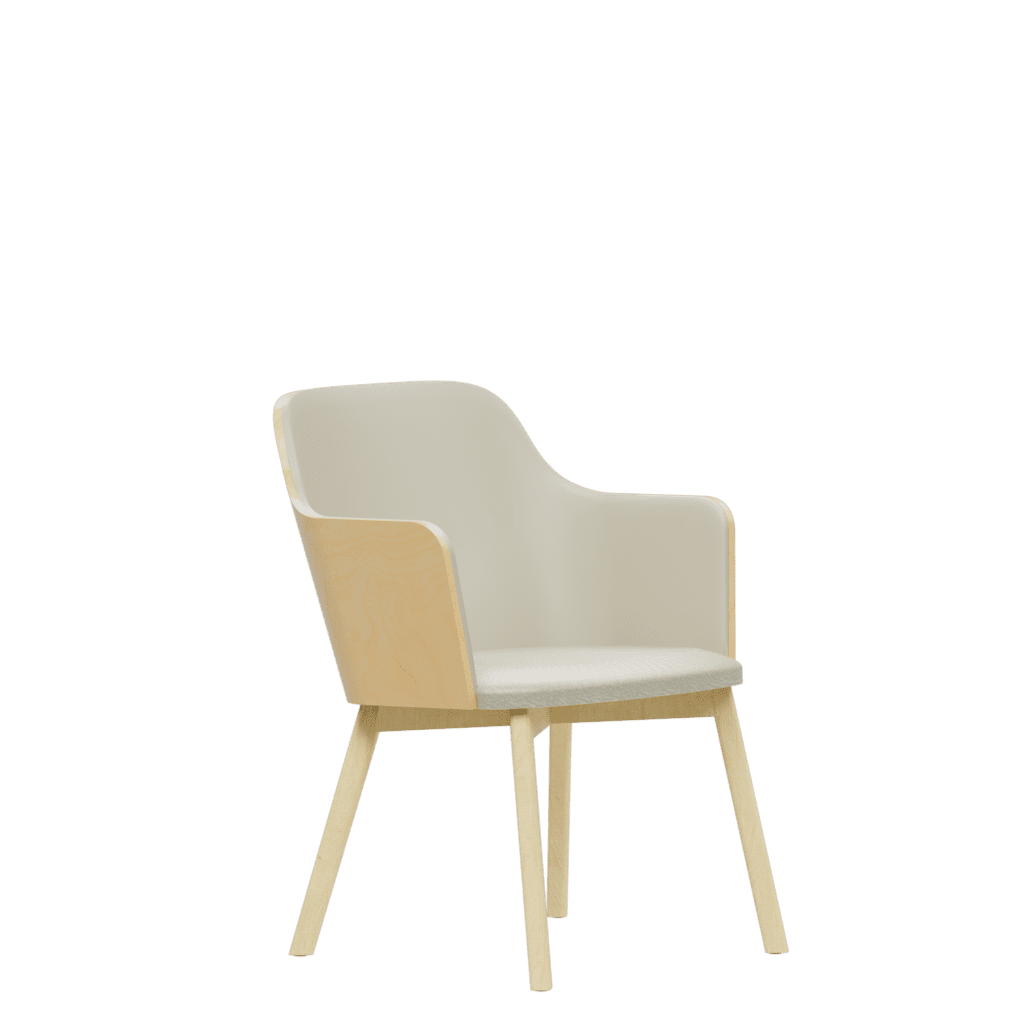 Stylish visitor chair with light upholstery and wooden legs.