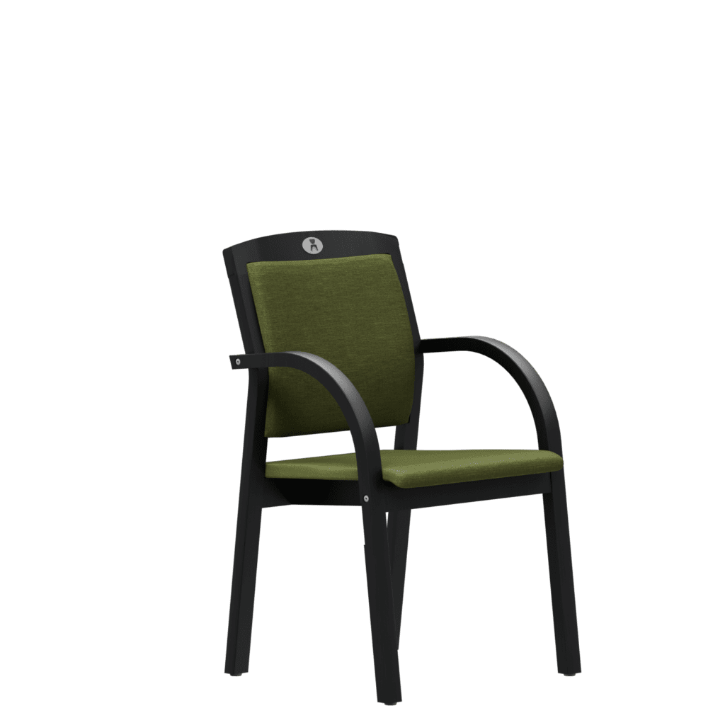 A classic visitor's chair with a high back, green upholstery and a dark wood frame.