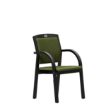 A classic visitor's chair with a high back, green upholstery and a dark wood frame.