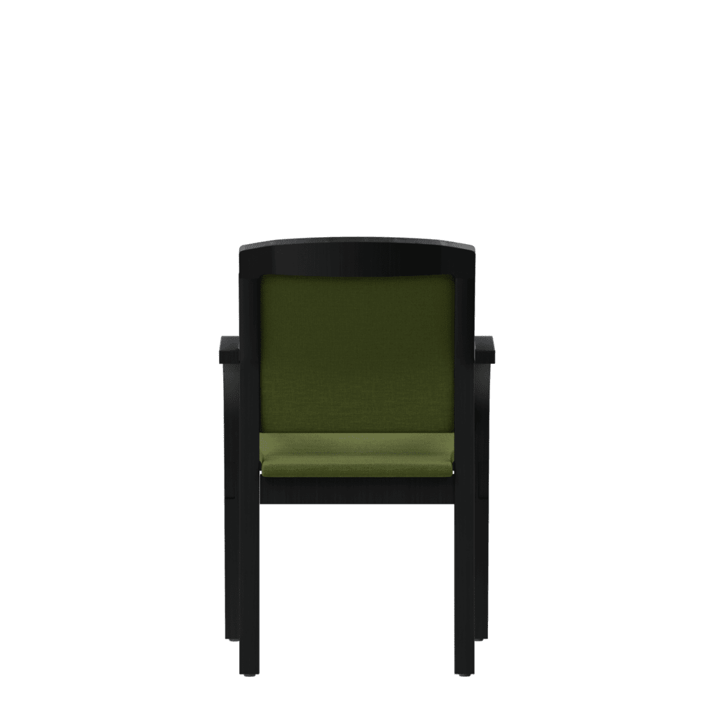 Back view of a classic visitor's chair with a high back, green upholstery and a dark wood frame.