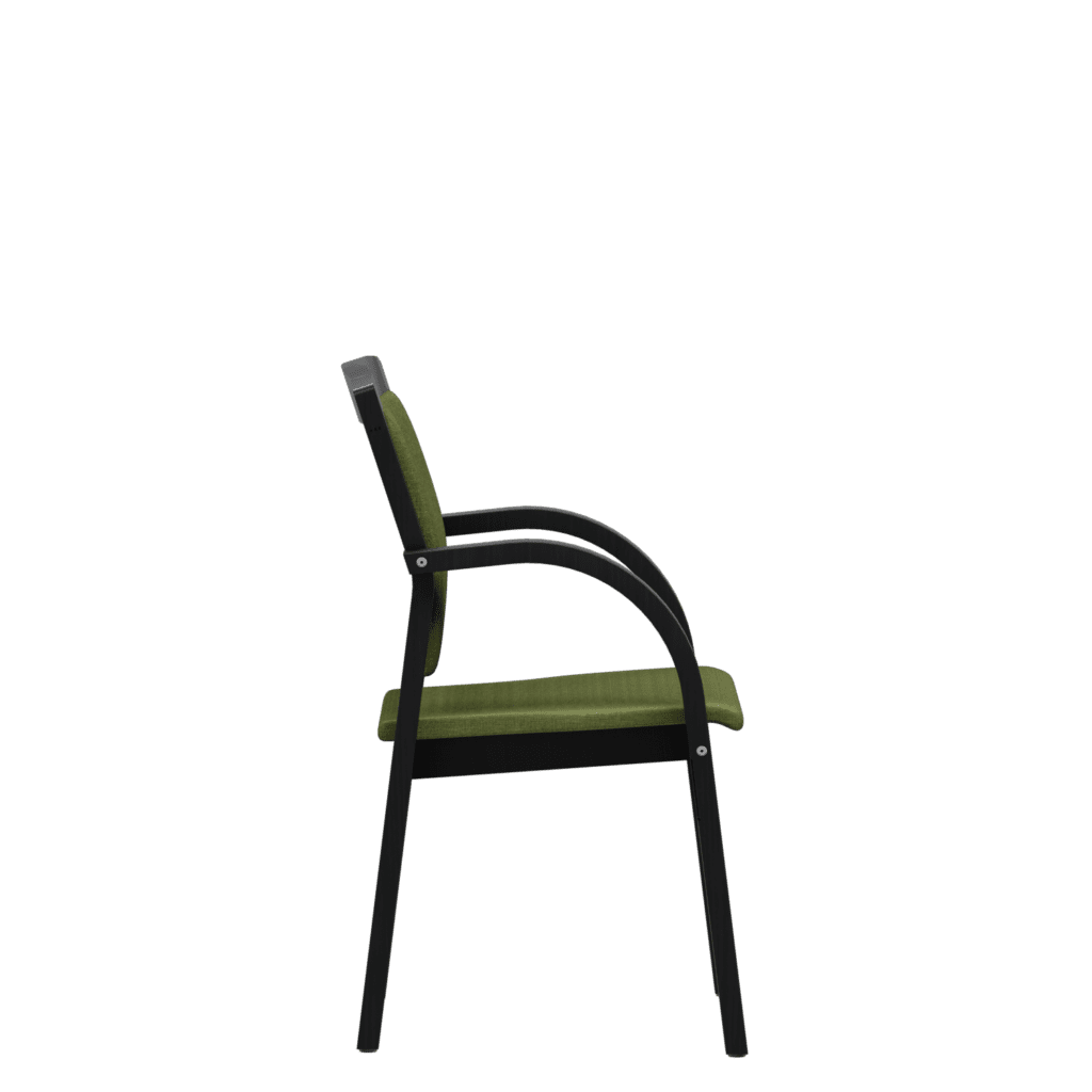 Side view of a classic visitor's chair with a high back, green upholstery and a dark wood frame.