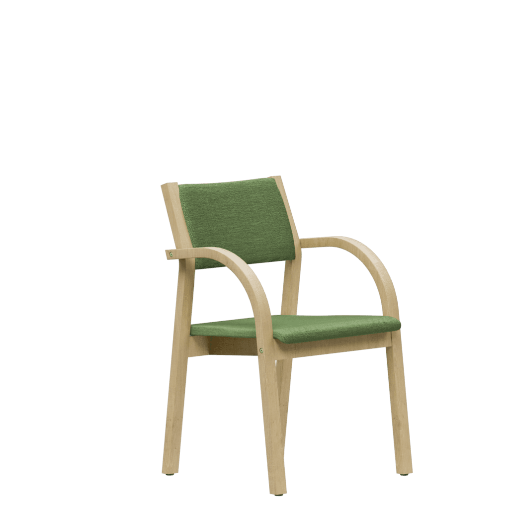 A classic visitors' chair with a low back, green upholstery and a light wooden frame.