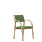 A classic visitors' chair with a low back, green upholstery and a light wooden frame.