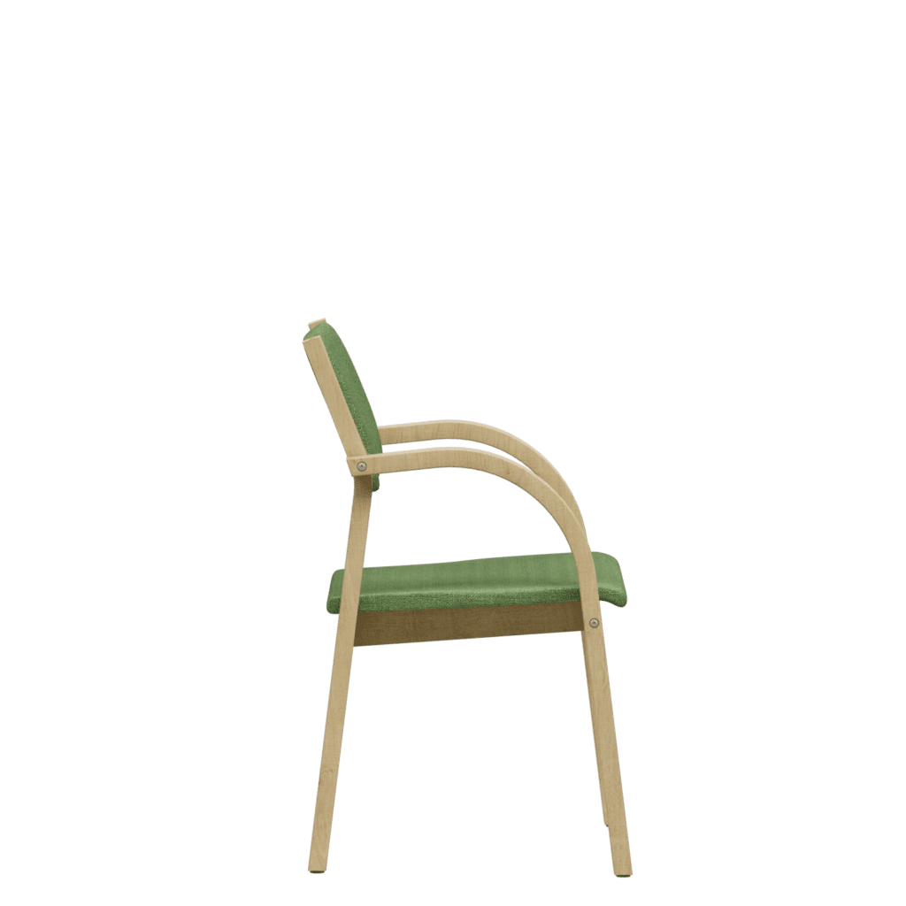 Side view of a classic visitor's chair with a low back, green upholstery and a light wooden frame.