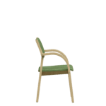 Side view of a classic visitor's chair with a low back, green upholstery and a light wooden frame.