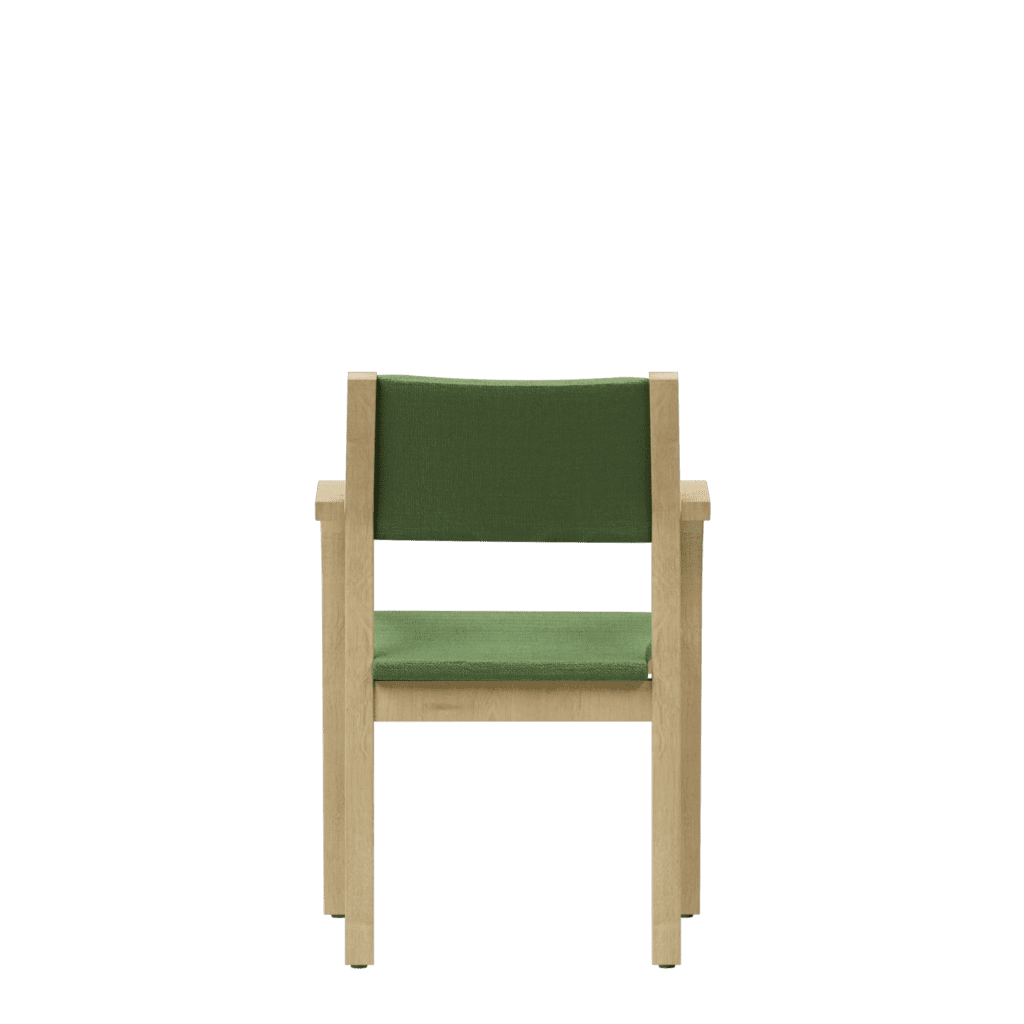 Back view of a classic visitor chair with a low back, green upholstery and a light wooden frame.