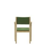 Back view of a classic visitor chair with a low back, green upholstery and a light wooden frame.