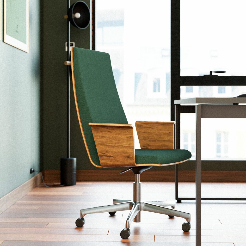 Conference chair with a high back, green upholstery and wooden finish, placed at the work table.