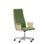 Conference chair with high back and green seat, equipped with wooden armrests.