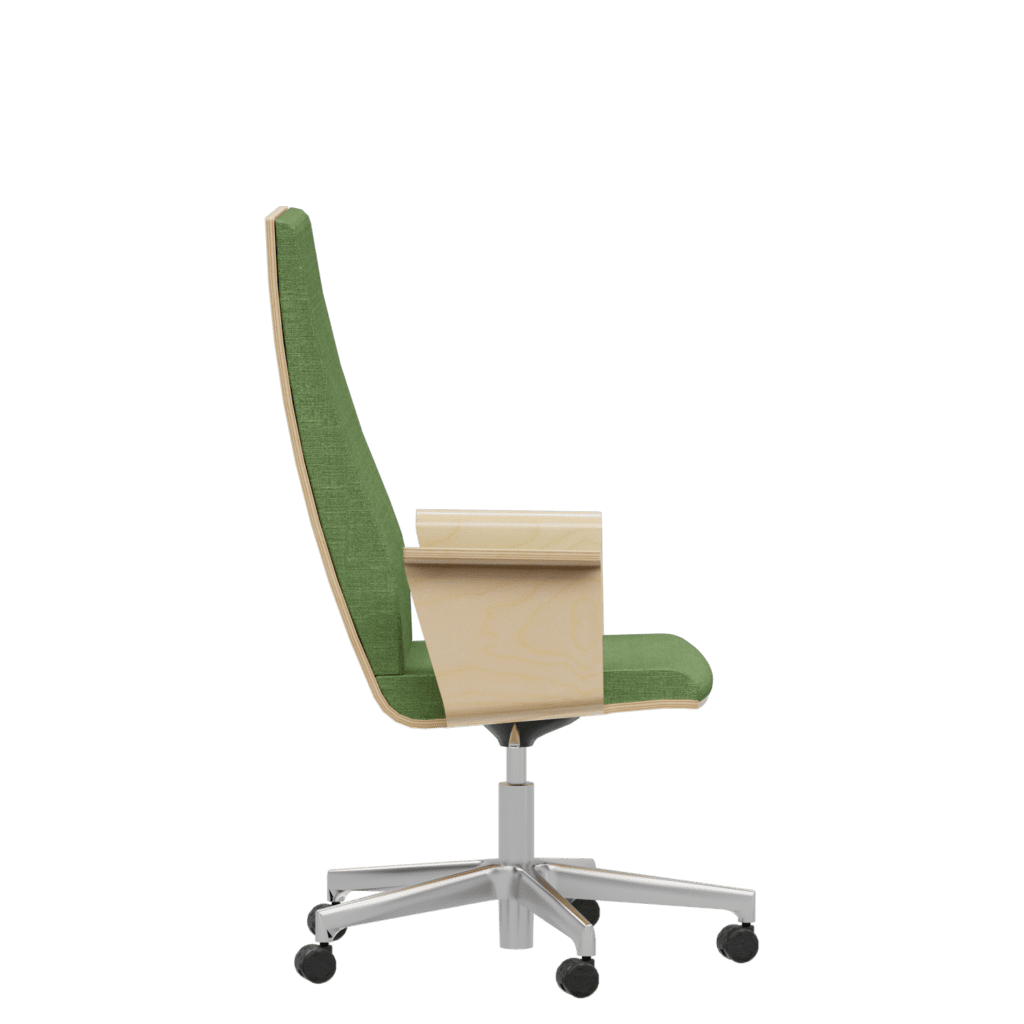 Side view of a conference chair with a high back, green upholstery and light wood finish.