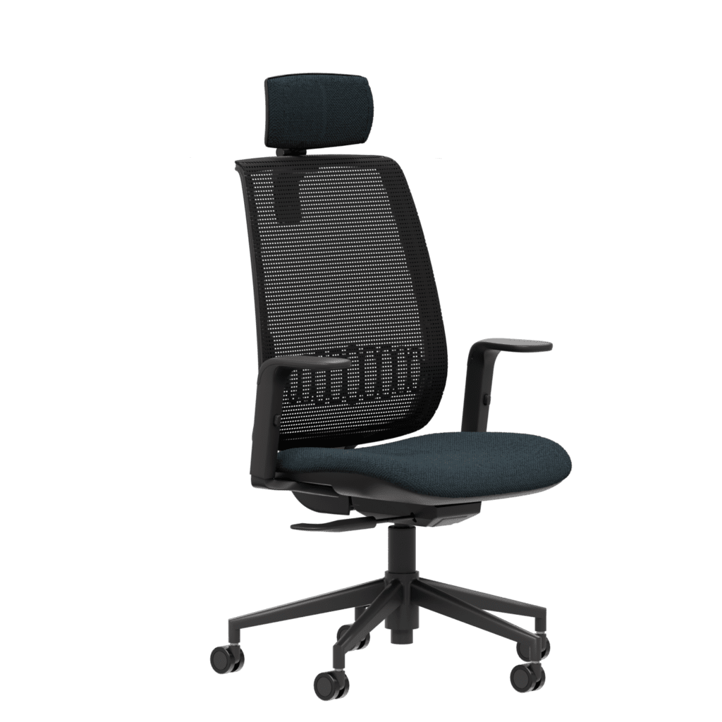 Ergonomic office chair with mesh back and headrest, side view.