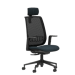 Ergonomic office chair with mesh back and headrest, side view.