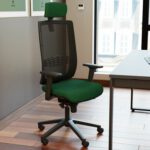 Green ergonomic office chair with black mesh back and headrest.