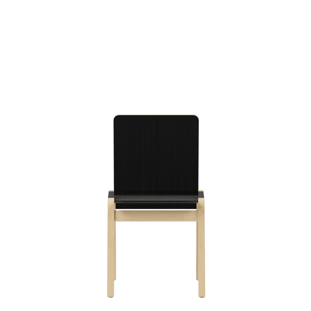 Rear view of modern visitor chair with black back and light wooden frame.