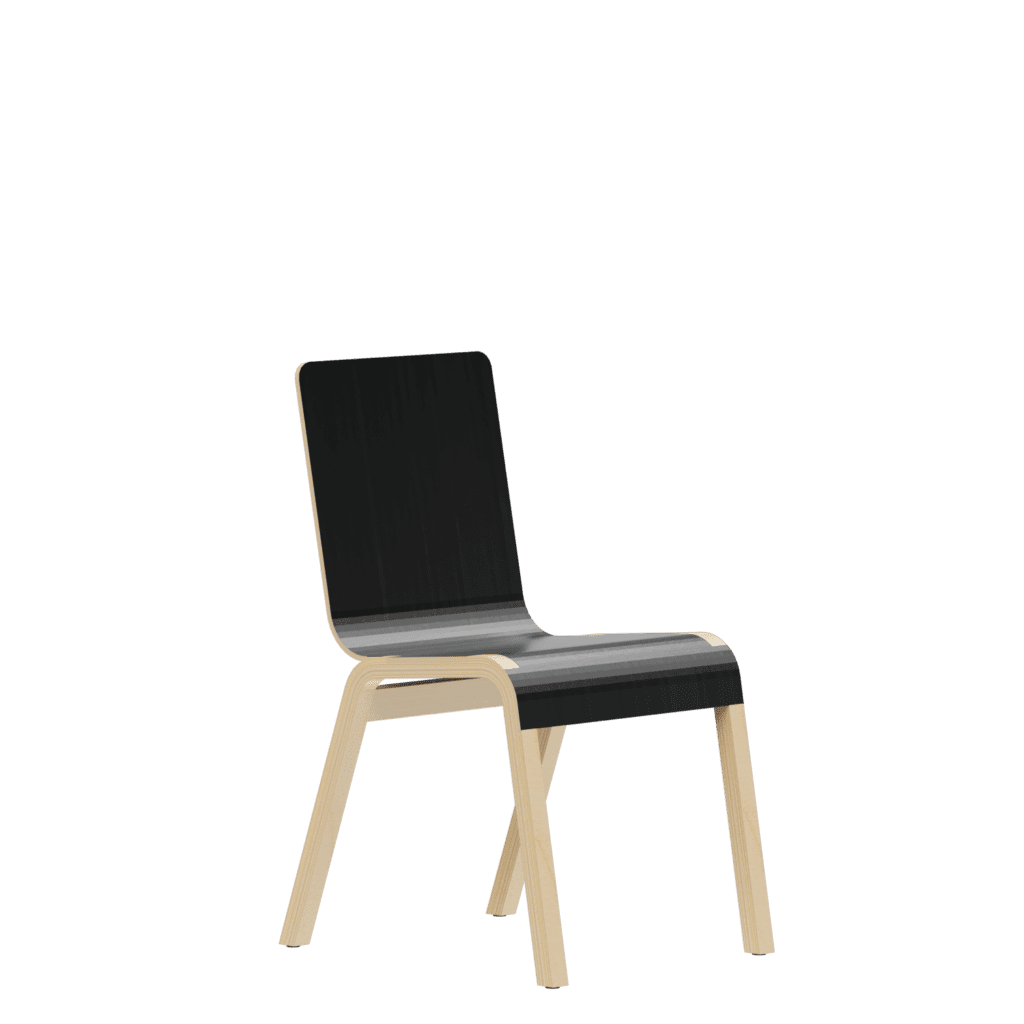 Modern visitor's chair with black seat and back, light wood frame.