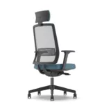 Ergonomic eight-hour office work chair with mesh back and headrest, side view.