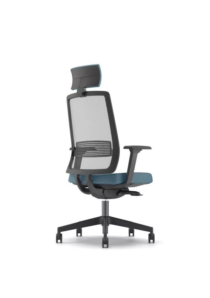 Ergonomic eight-hour office work chair with mesh back and headrest, side view.