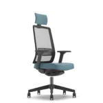 Ergonomic eight-hour office work chair with mesh back and headrest, side view.