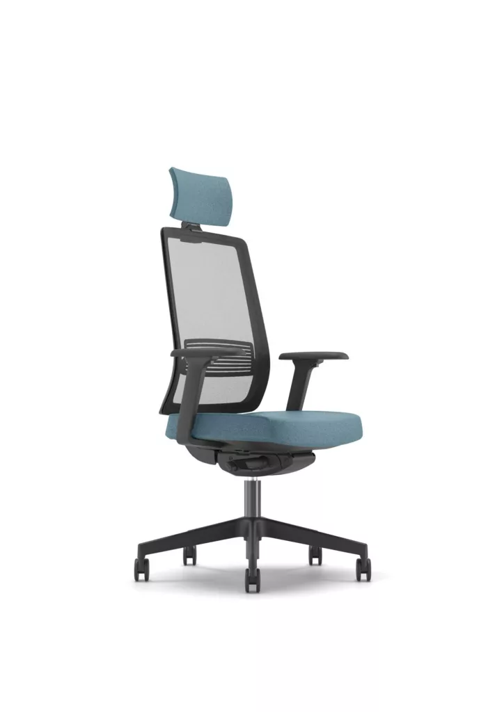 Ergonomic eight-hour office work chair with mesh back and headrest, side view.