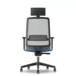 Ergonomic eight-hour office work chair with mesh back and headrest, rear view.