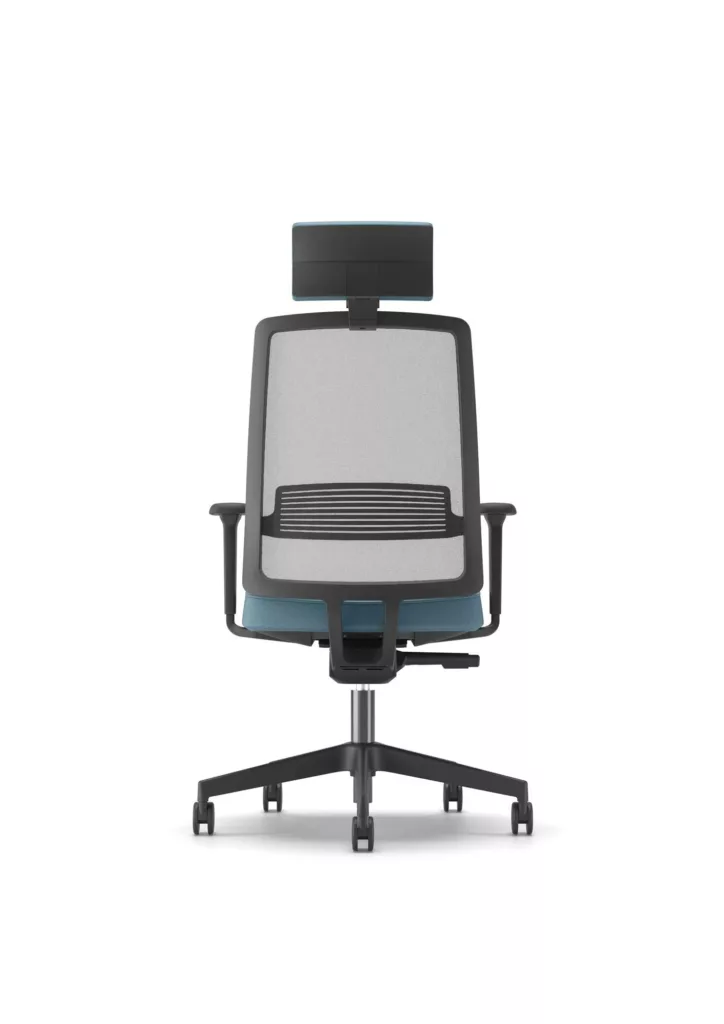 Ergonomic eight-hour office work chair with mesh back and headrest, rear view.