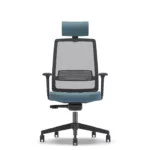 Ergonomic eight-hour office work chair with mesh back and headrest, front view.