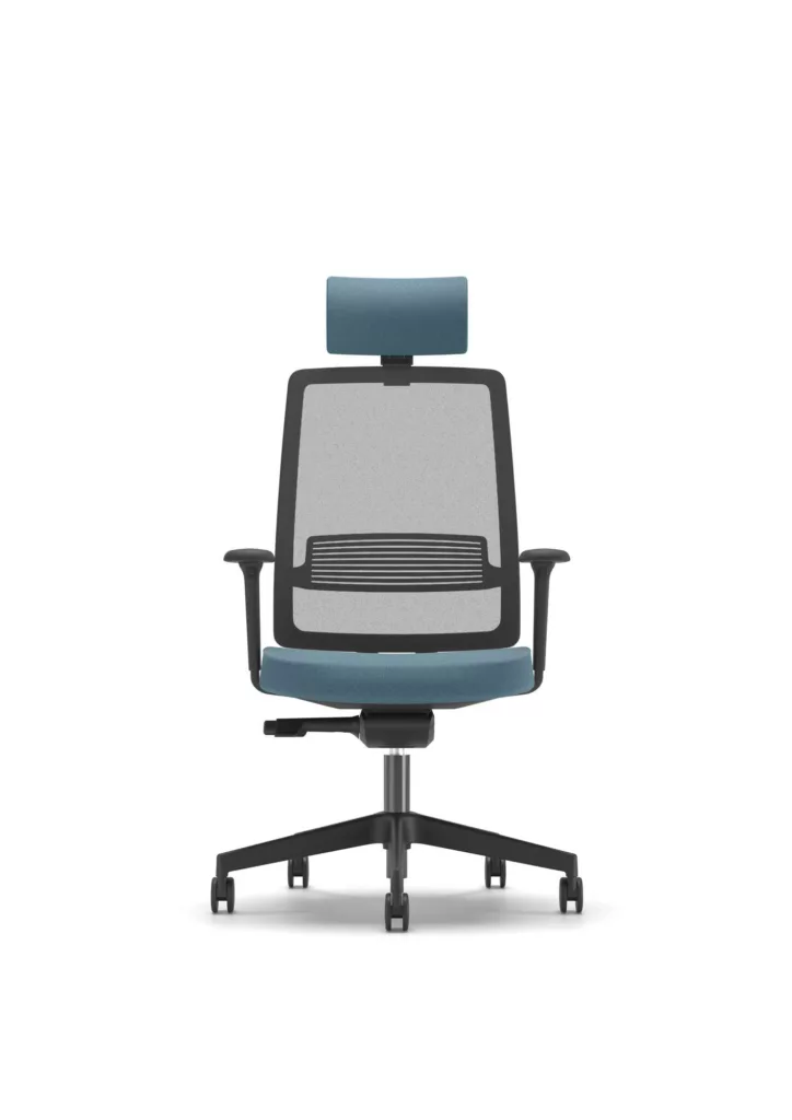 Ergonomic eight-hour office work chair with mesh back and headrest, front view.