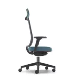 Ergonomic eight-hour office work chair with mesh back and headrest, side view.