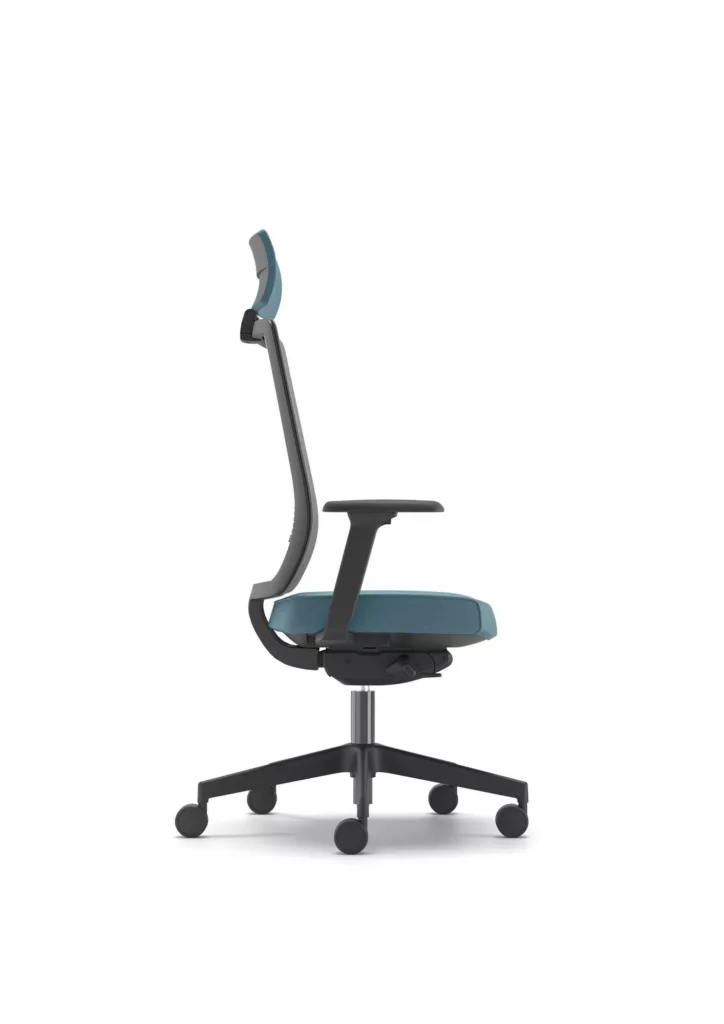 Ergonomic eight-hour office work chair with mesh back and headrest, side view.